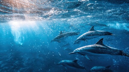 Fototapeta premium Underwater Symphony: A school of dolphins dances gracefully beneath the ocean's surface, illuminated by sunbeams, creating an awe-inspiring underwater panorama. 