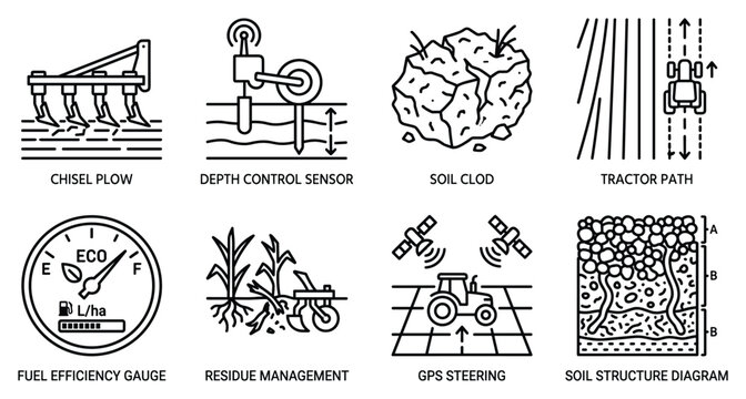 Farming equipment icons chisel plow depth control sensor soil clod tractor path fuel efficiency gauge residue.