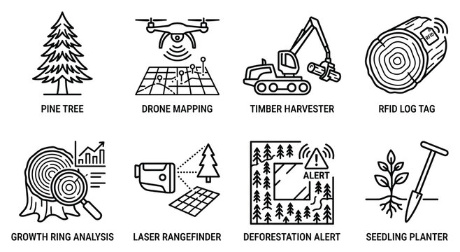 Forestry technology icons pine tree drone mapping timber harvester rfid log tag growth ring analysis laser.