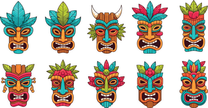 Colorful traditional tiki masks collection Vector
