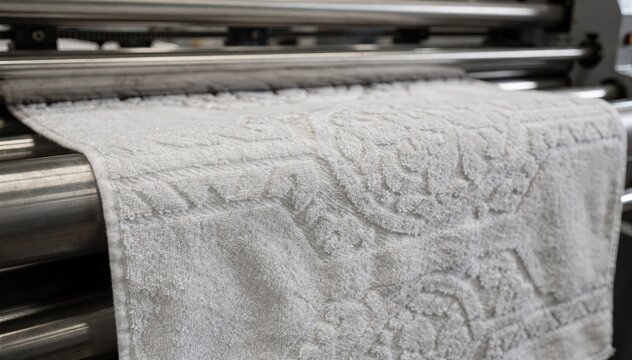 Dynamic medium shot of automated embossing process imprinting layered decorative absorbent patterns on towel fabrics with focus on texture and depth variation.