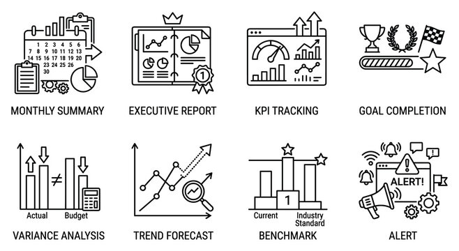 Monthly summary executive report kpi tracking goal completion variance analysis trend forecast benchmark alert notification.