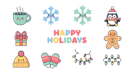 Obraz premium Cute kawaii holiday sticker set with winter icons and text