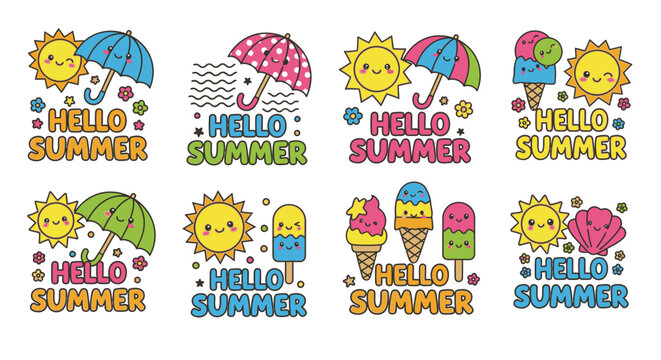 Cute colorful hello summer sticker set with sun and beach