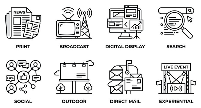 Print broadcast digital display search social outdoor direct mail experiential advertising media channels.