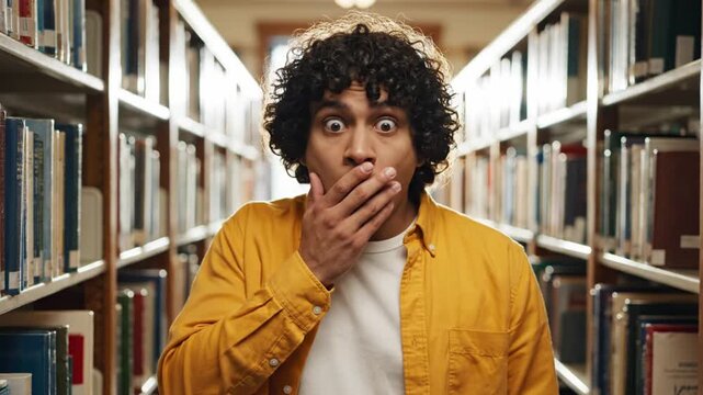 A surprised young man with curly hair covering his mouth in a library aisle between bookshelves