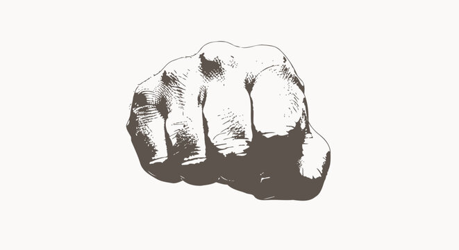 Clenched fist punching forward in vintage engraving style