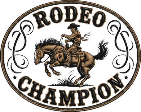 Cowboy rodeo buckle illustration, gold engraved western design for champion awards, country branding, trophy graphics, and apparel projects.