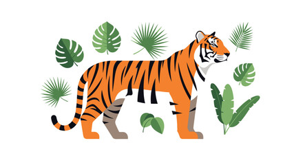 Obraz premium Flat vector illustration of a tiger with tropical jungle leaves