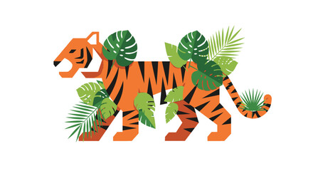 Naklejka premium Geometric tiger walking through tropical jungle leaves on white