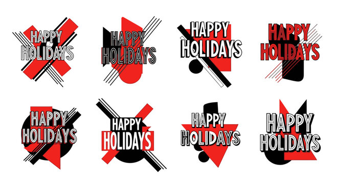 Happy Holidays labels in red and black constructivist style