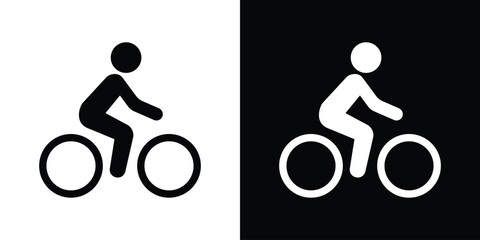 Obraz premium Minimalist cyclist icon featuring a person riding a bicycle. Vector graphic illustration suitable for bike lanes, transport signage, or sports design, isolated on black and white background.