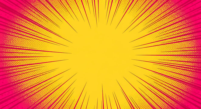 Comic book explosion background featuring radial speed lines and pink yellow halftone dot texture background explosion sunburst halftone abstract backdrop creative illustration