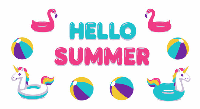 Hello Summer banner with inflatable flamingo unicorn and beach balls