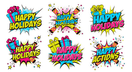 Obraz premium Happy Holidays comic style pop art greeting icons set