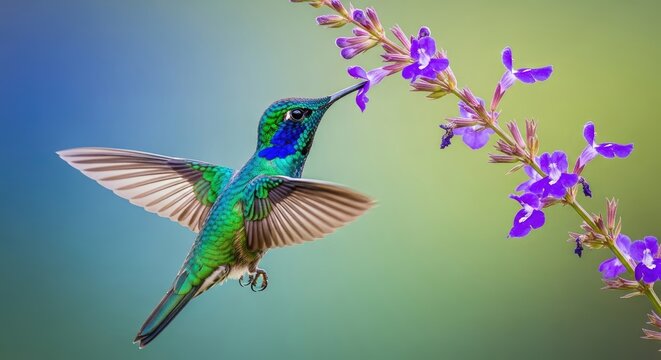 Green and blue hummingbird hovering near purple flowers with outstretched wings