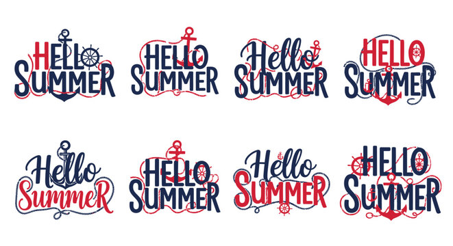 Hello Summer nautical typography collection with anchors and ship wheels