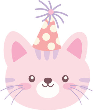 Cute cat with party hat illustration. Adorable birthday cartoon design.