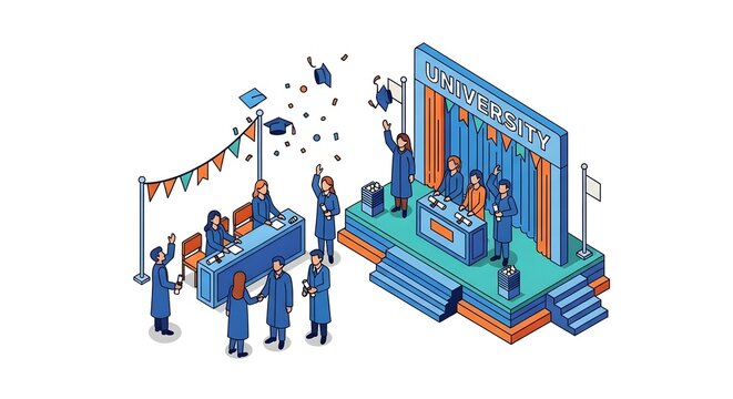 illustration of university graduation ceremony, students celebrating on a stylized campus stage, throwing caps, shaking hands, receiving diplomas.