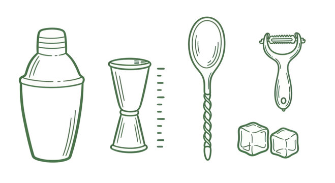 Cocktail Bar Tools and Ice Cubes Illustration.