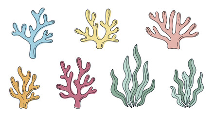 Collection of colorful hand-drawn coral reef plants. © Nabih