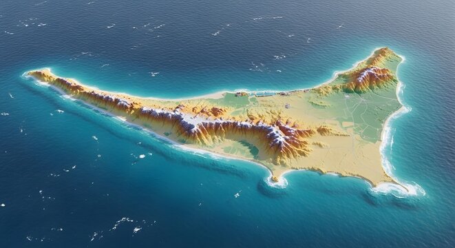 3D topographic map of Aruba island, showing realistic elevation, coastal contours, sandy beaches, rocky formations, and desert terrain