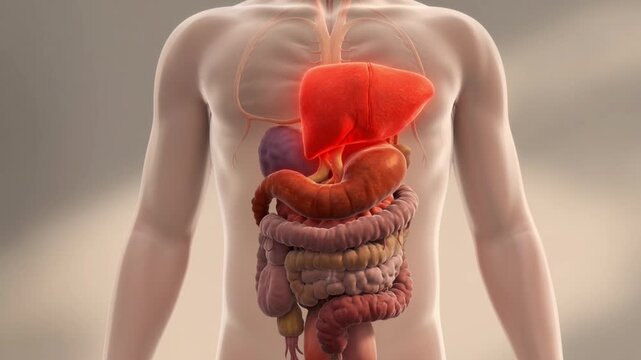 Close-up view of the human digestive system and liver in a transparent body outline