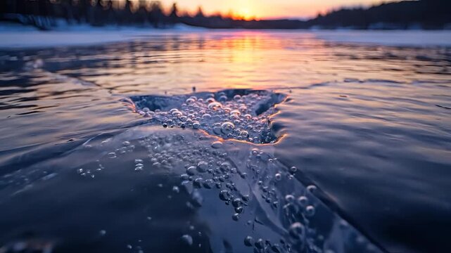 Frozen Lake Surface With Bubbles at Sunset.