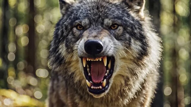 Close-up of a menacing wolf snarling with bared teeth in the forest.