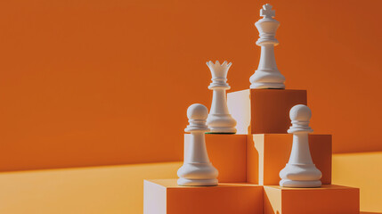 Leadership Concept with Chess King Standing Above on Minimal Orange Background