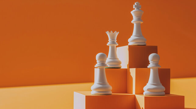 Leadership Concept with Chess King Standing Above on Minimal Orange Background