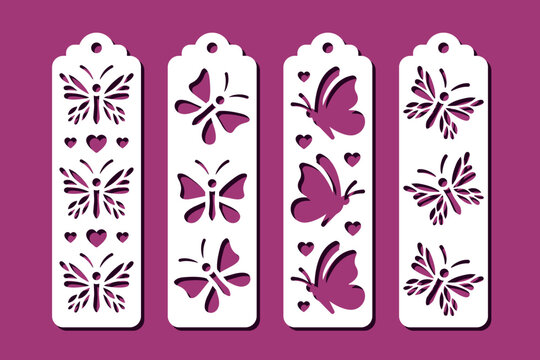 Decorative vertical bookmarks with butterfly pattern. Laser cut template. Bookmark stencil for paper, wood and metal cutting. Vector design
