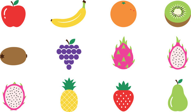 Colorful fruit icon set with apple banana orange kiwi grape pineapple strawberry pear dragonfruit flat vector illustration collection