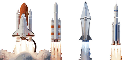 Space Rocket Launch Vector Set Featuring Shuttle Discovery and Modern Spacecraft for Science Education and Exploration Designs © MdSirazul