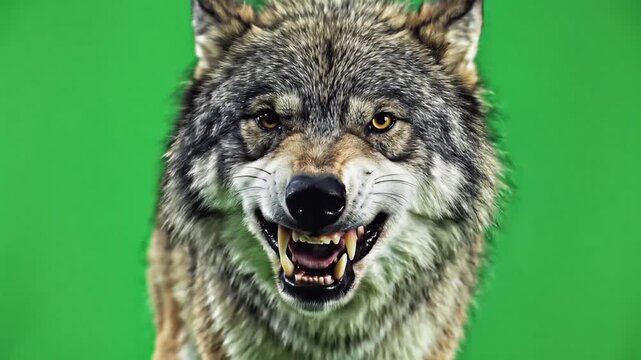 Close-up of a menacing wolf with bared teeth against green background.