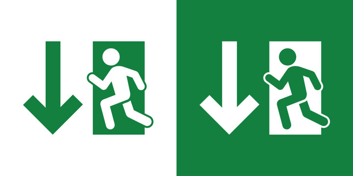 Emergency evacuation sign with a running person and a downward arrow. Essential vector icon for directing traffic toward exits in public buildings. Professional green and white flat design.