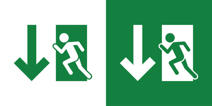 Emergency evacuation sign with a running person and a downward arrow. Essential vector icon for directing traffic toward exits in public buildings. Professional green and white flat design.