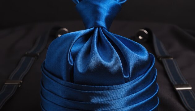 Closeup of a satin tie and matching cummerbund set elegantly bundled with blurred suspenders and cufflinks in the background highlighting luxurious fabric texture.