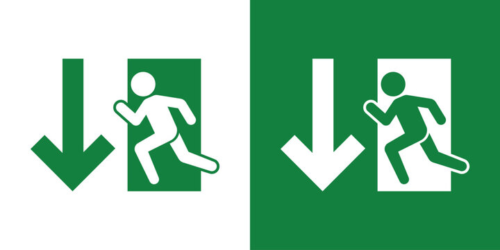 Emergency evacuation sign with a running person and a downward arrow. Essential vector icon for directing traffic toward exits in public buildings. Professional green and white flat design.
