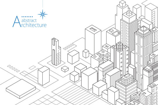 3D illustration Abstract outline drawings of imaginative, modern urban architecture.