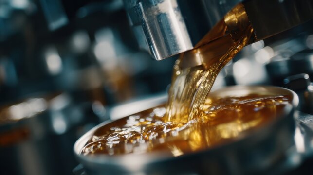 Close-Up View of Golden Liquid Pouring from a Metal Spout into a Container, Showcasing Industrial Process in a Manufacturing Facility