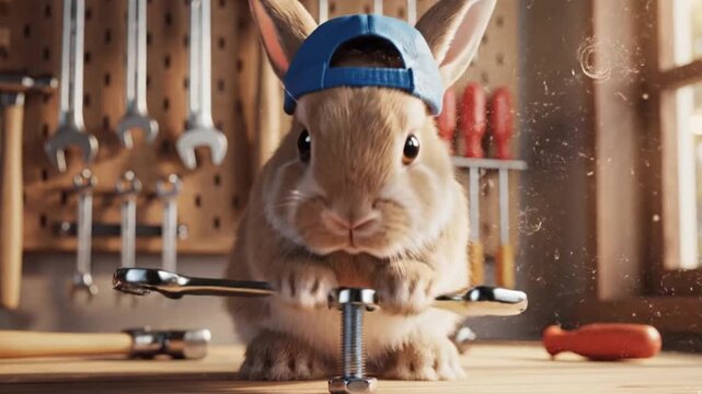A cute, fluffy, mechanic Easter bunny rabbit with ranch tools in a simple, machinery-organized room.