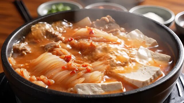 Steaming Hot Kimchi Jjigae with Tofu and Pork Belly.
