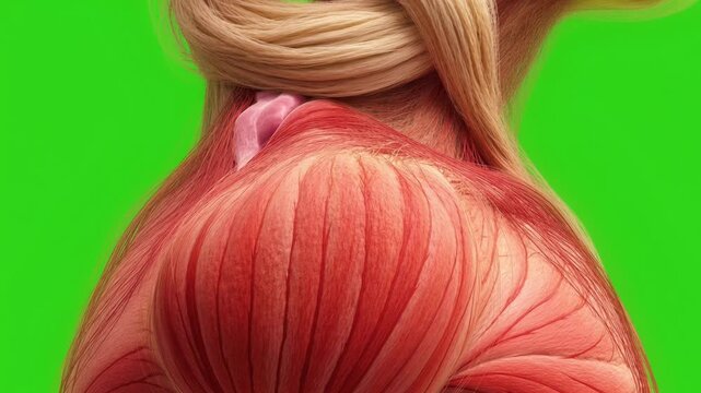 Close-up anatomical illustration of the trapezius and deltoid muscles in the human shoulder on a green background