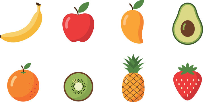 Colorful fruit icon set with banana apple mango orange avocado kiwi pineapple strawberry flat vector illustration collection
