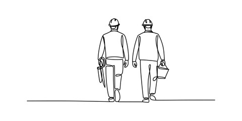 Obraz premium Two construction workers walking away, one carrying blueprints and the other a bucket, single line drawing style Vector, illustration