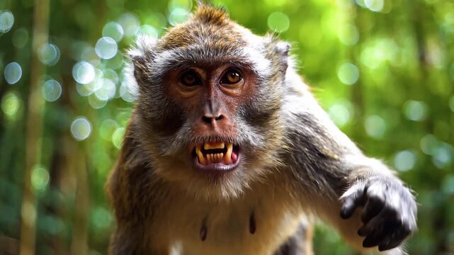 Angry monkey with open mouth in the jungle environment showing teeth.