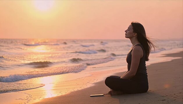 Serene woman meditation on beach at sunset by sea in tranquil yoga pose, mindful breathing with calm waves, peaceful silhouette and healthy lifestyle nature relaxation practice