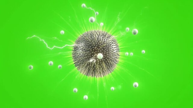 Abstract scientific illustration of a glowing core particle radiating energy and electric lightning, surrounded by smaller spheres on a vibrant green screen background