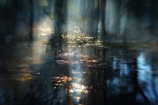 Ethereal forest reflection, shimmering light, abstract, blurred motion